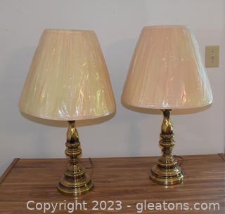 Two Brass Tone Table Lamps with Shades [Upstairs] 